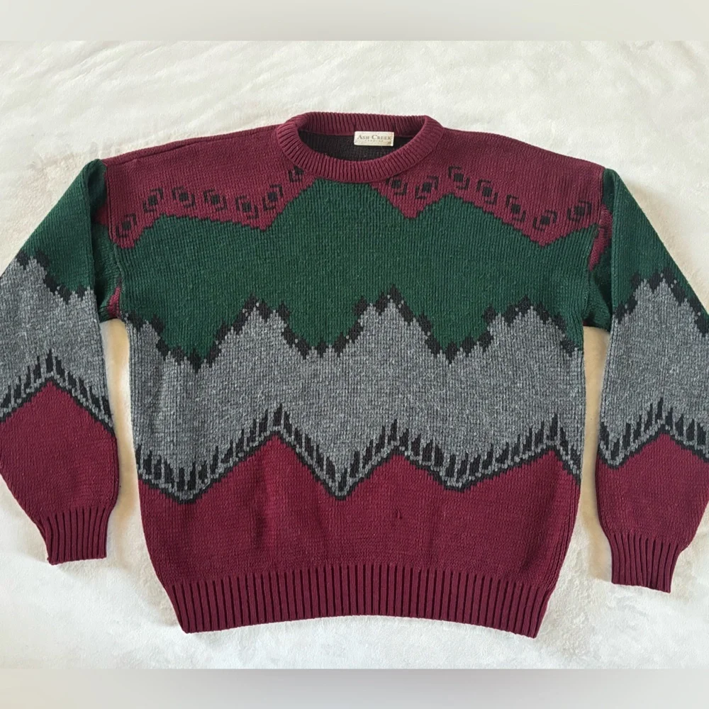 Vintage Ash Creek Geometric Knit Sweater Burgundy Green L